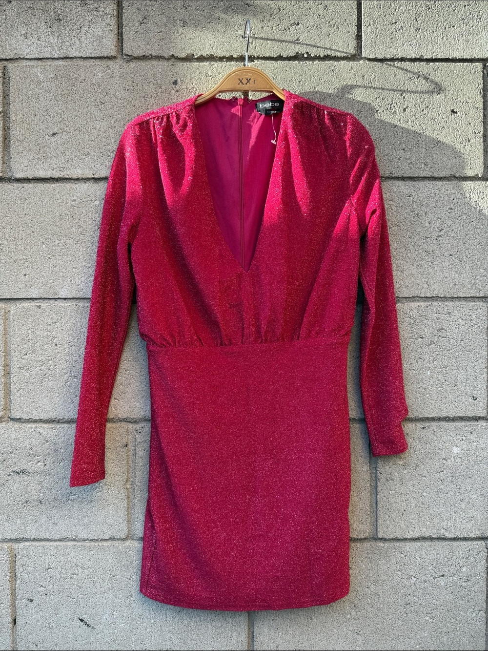 Fuchsia Shimmer Long-Sleeve V-Neck Mini Dress